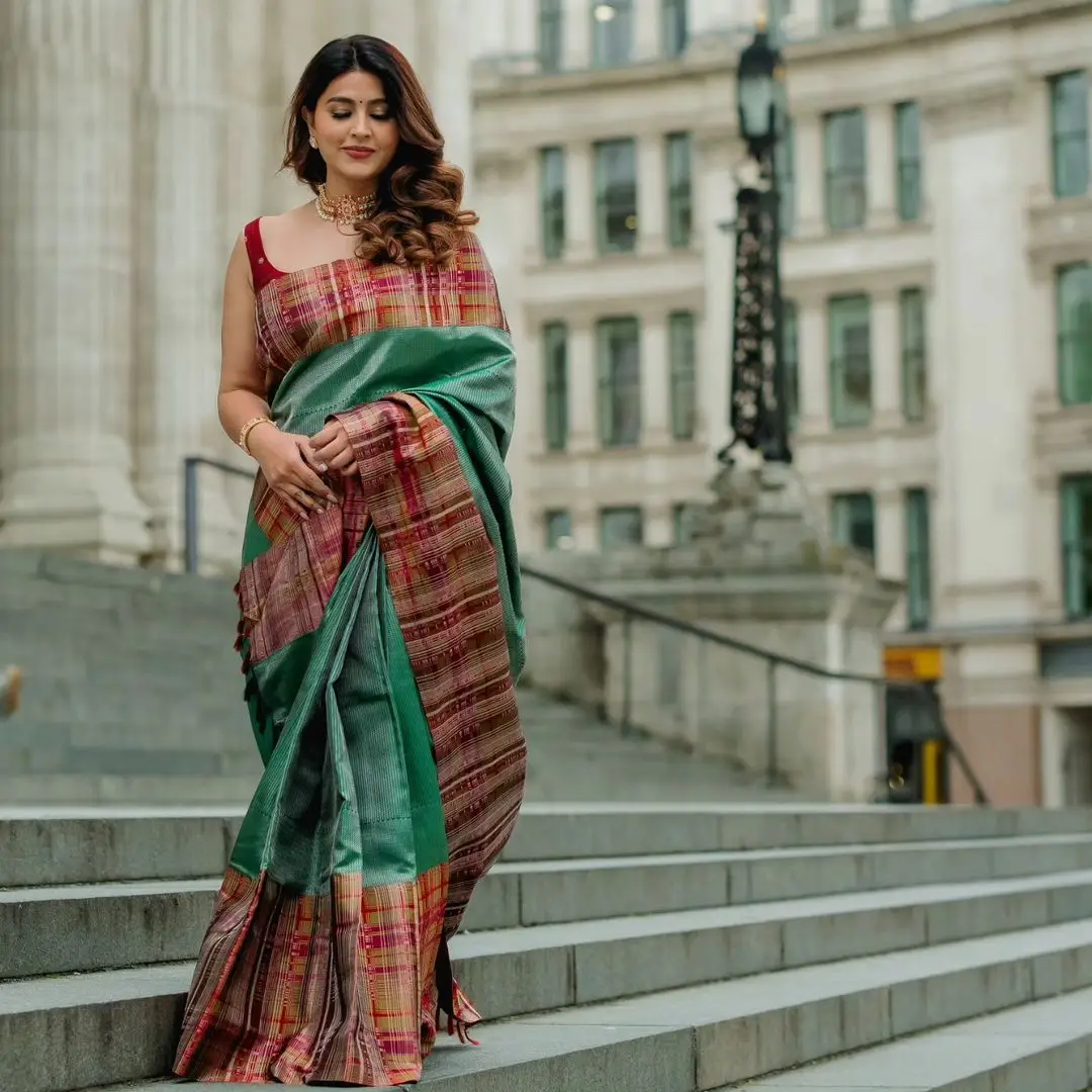 Sneha Wearing Beautiful Earrings Jewellery Green Saree Maroon Blouse